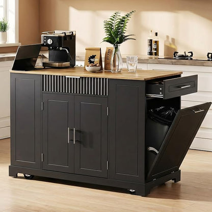 Merax Fluted Kitchen Island with Trash Can Storage Cabinet, Power Outlet, Internal Storage Rack, Rolling Kitchen Storage Cart on 5 Wheels with 3 Drawer, 3 Open Side Racks, Black