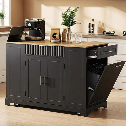 Merax Fluted Kitchen Island with Trash Can Storage Cabinet, Power Outlet, Internal Storage Rack, Rolling Kitchen Storage Cart on 5 Wheels with 3 Drawer, 3 Open Side Racks, Black