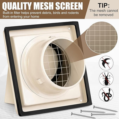 Gisafai 4" Outside Dryer Vent Cover for Exterior Walls Exhaust Vent Cap with Removable Extension Pipe Stainless Steel Hood Cushioned Non Return Flap with Sealing Gasket Grille Screen, Tan