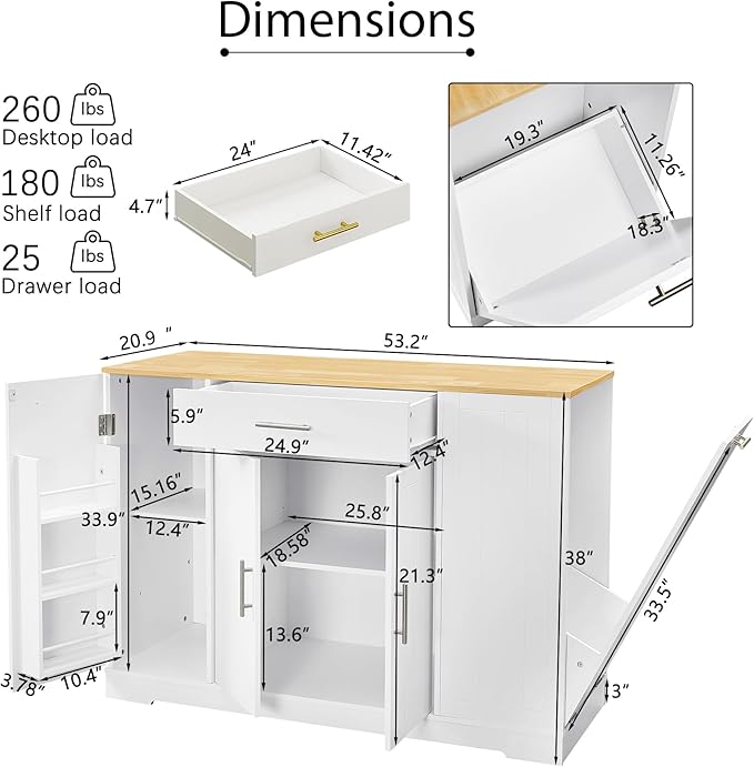 53 inch Large Kitchen Island Cart with Trash Can Storage Cabinet,Drawer and Adjustable Shelves,Breakfast Bar Cabinet for 13 Gallon Garbage Bin (White+Oak@w)
