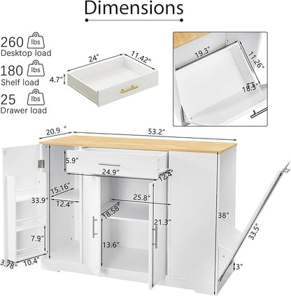 53 inch Large Kitchen Island Cart with Trash Can Storage Cabinet,Drawer and Adjustable Shelves,Breakfast Bar Cabinet for 13 Gallon Garbage Bin (White+Oak@w)