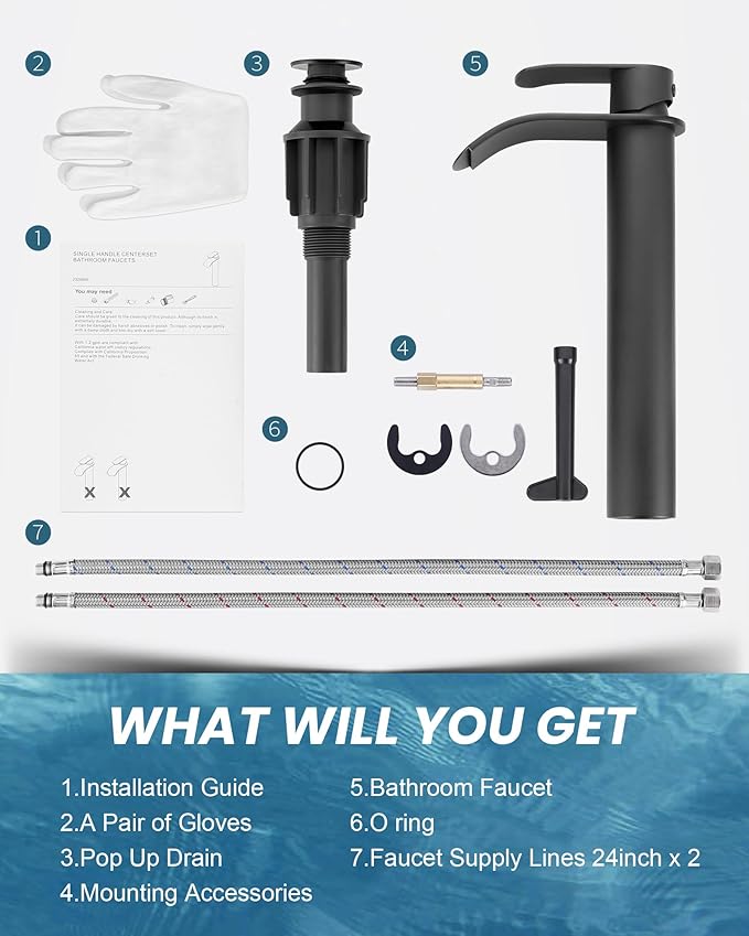 Vessel Sink Faucet Black for Bathroom：WOWOW Single Handle Tall Bathroom Faucet - Waterfall Single Hole Mixer Bar Tap with Large Rectangular Spout, Deck Mount Lavatory Vanity with Pop Up Drain