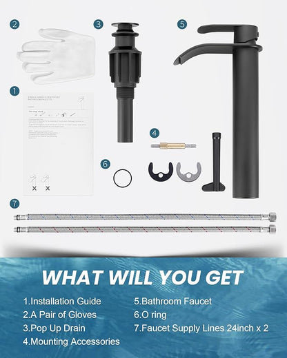 Vessel Sink Faucet Black for Bathroom：WOWOW Single Handle Tall Bathroom Faucet - Waterfall Single Hole Mixer Bar Tap with Large Rectangular Spout, Deck Mount Lavatory Vanity with Pop Up Drain