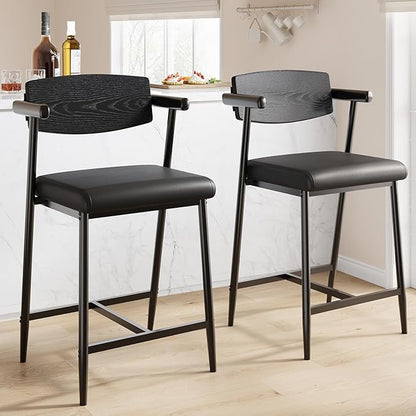 GarveeHome Bar Stools Set of 6 with Arms, 26" Modern 6pcs Counter Height Metal Barstools Set with Wood Back & Footrest, Wider Seat, Sturdy Frame, for Counter Bar, Kitchen Island, Retro Black