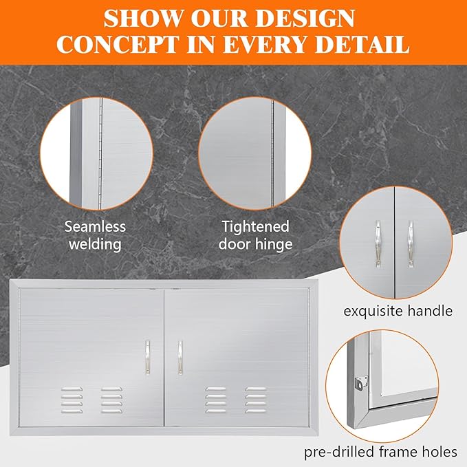 42" W x 21" H Stainless Steel Outdoor Kitchen Doors - Flush Mount, Waterproof, Corrosion-Resistant BBQ Island Cabinet Door for Indoor/Outdoor Use,Include Vents