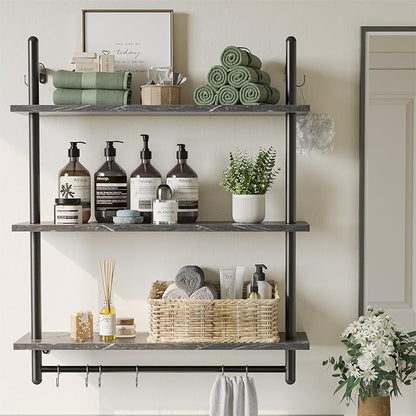 Bestier Floating Pipe Shelving, 31.5" Floating Kitchen Shelves Wall Mounted, 3 Tier Coffee Bar Shelf Ladder Bookshelf with Towel Bar Hooks for Kitchen Living Room Bathroom Bedroom, Black Marble