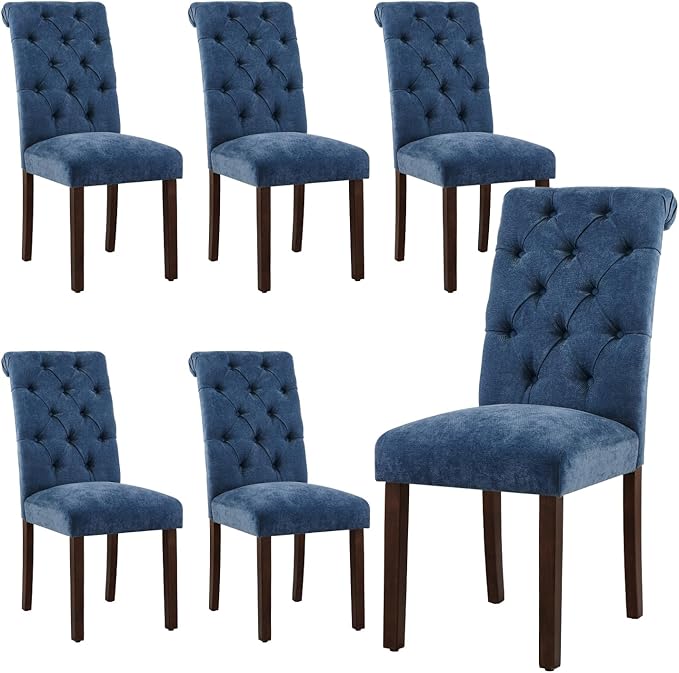 Tufted Dining Chairs Set of 6, Upholstered Parsons Dining Room Chairs, Fabric Kitchen Side Chair with Wood Legs, Blue