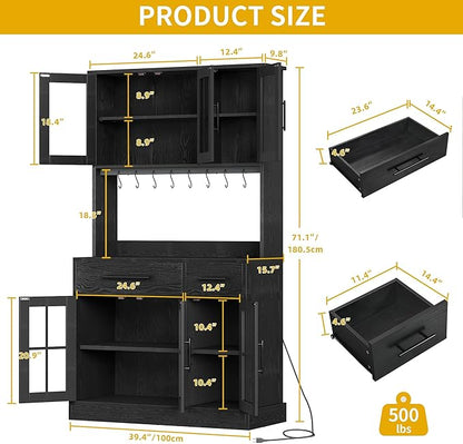 DWVO 2-Pack Kitchen Pantry Storage Cabinet Set, 71'' Tall Coffee Bar Cabinets with Microwave Stand and Power Outlet, Glass Door Kitchen Hutch with Drawers ＆ Shelves for Home Living Dining Room, Black
