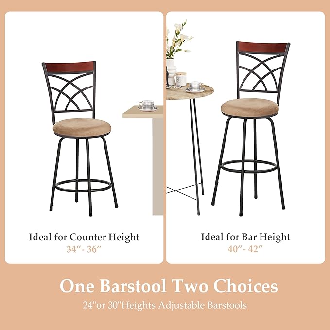VECELO Bar Stools Set of 2, 24/29" Height Adjustable Barstool,Swivel Counter Stool with Upholstered Seat/Footrest/Back,Steel Bistro Pub Chairs, Island Chairs,Wood Top Backrest