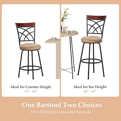 VECELO Bar Stools Set of 2, 24/29" Height Adjustable Barstool,Swivel Counter Stool with Upholstered Seat/Footrest/Back,Steel Bistro Pub Chairs, Island Chairs,Wood Top Backrest