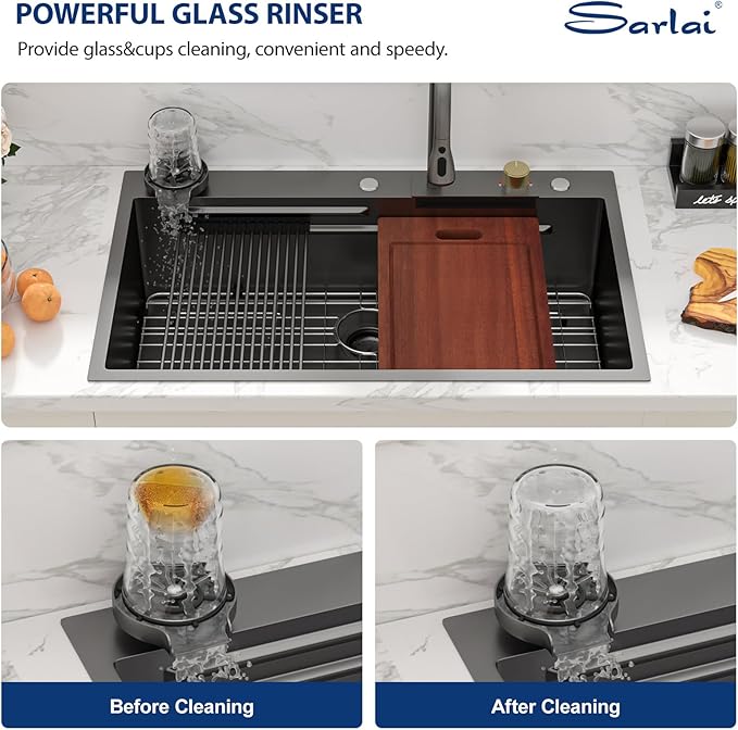 Sarlai 36 Inch Waterfall Kitchen Sink Workstation - 36x22 Black Waterfall Drop In Sink Stainless Steel 16 Gauge Sink Multifunction Single Bowl Smart Top Mount Kitchen Sinks with Faucet Combo