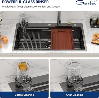 Sarlai 36 Inch Waterfall Kitchen Sink Workstation - 36x22 Black Waterfall Drop In Sink Stainless Steel 16 Gauge Sink Multifunction Single Bowl Smart Top Mount Kitchen Sinks with Faucet Combo