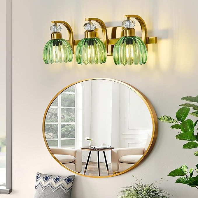 Vintage Bathroom Vanity Light Fixture 3 Lights Gold Bathroom Lighting with Green Glass Shade Mid Century Vanity Light Over Mirror for Kitchen Bedroom Living Room Farmhouse