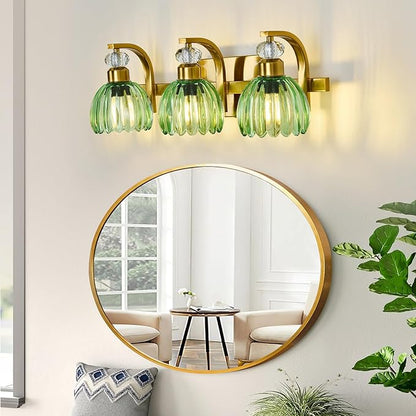 Vintage Bathroom Vanity Light Fixture 3 Lights Gold Bathroom Lighting with Green Glass Shade Mid Century Vanity Light Over Mirror for Kitchen Bedroom Living Room Farmhouse
