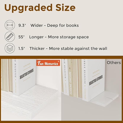 Fun Memories 16 Inch Long Floating Shelves in White, 9.3 Inch Deep Floating Shelf for Wall, Living Room, Kitchen, Rustic Deep Wood Shelves for Bathroom, 2 Pack Storage Display Shelf for Books, Decor