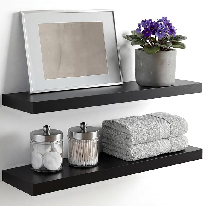 Homeforia Black Floating Shelves 24 inch, High End Solid Real Wood 24inch Bathroom Floating Shelf for Wall Mounted, Black Wooden 24in Floating Shelves, Heavy Duty Bracket, 24 X 6.5 X 1.75 in, Set of 3