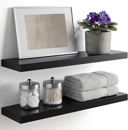 Homeforia Black Floating Shelves 24 inch, High End Solid Real Wood 24inch Bathroom Floating Shelf for Wall Mounted, Black Wooden 24in Floating Shelves, Heavy Duty Bracket, 24 X 6.5 X 1.75 in, Set of 3