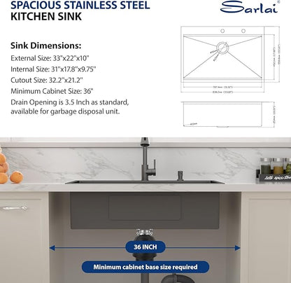 Sarlai 33 Black Kitchen Sink with Faucet- 33x22 Inch Drop In Kitchen Sink Gunmetal Black Ledge Workstation Sinks 16 Gauge Stainless Steel Single Bowl Topmount Sinks Basin with Pull-out Faucet