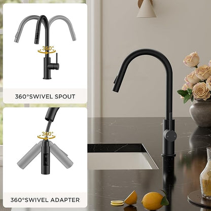 FORIOUS Black Kitchen Faucet with Pull Down Sprayer,Stainless Steel High Arc Gooseneck Modern Sink Faucet with CUPC Ceramic Cartridge, Single Handle Stainless Steel and Deck Plate