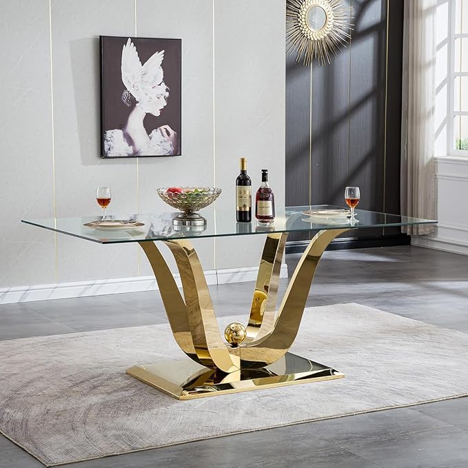 70inch Glass Dining Table for 4 6, Luxury Glass Kitchen Dining Room Table with Gold Mirrored Steel Base,Modern Large Rectangle Tempered Glass Top Dinner Tables for Kitchen, Dining Room