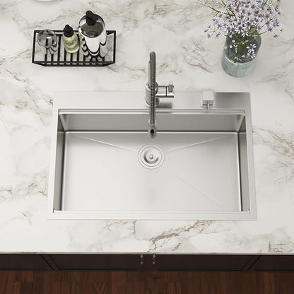 33x22 Drop In Kitchen Sink Workstation - Couoko 33 Inch 16 Gauge T304 Stainless Steel Drop In Sink Large Deep Handmade Single Bowl Kitchen Sinks with Accessories, 33"x22"x9"