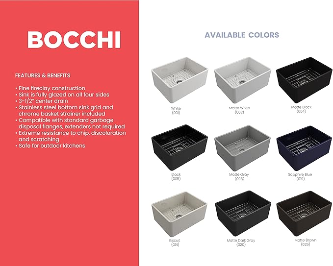 BOCCHI Classico Farmhouse Apron Front Fireclay 24 in. Single Bowl Kitchen Sink with Protective Bottom Grid and Strainer in M.Gray