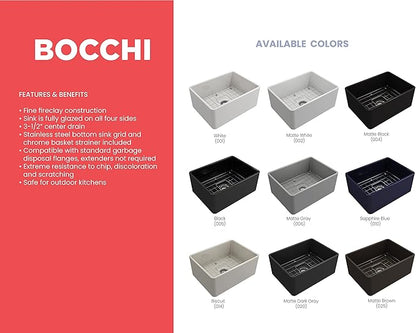 BOCCHI Classico Farmhouse Apron Front Fireclay 24 in. Single Bowl Kitchen Sink with Protective Bottom Grid and Strainer in M.Gray