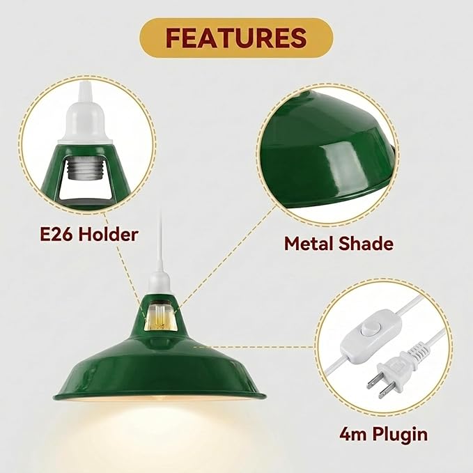 Plug in Pendant Light, 13.1FT Hanging Light with Plug in Cord and On/Off Switch, Industrial Green Barn Metal Shade Pendant Light for Kitchen Island, Dining Room, Bar, Cafe, Living Room, Green
