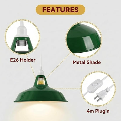 Plug in Pendant Light, 13.1FT Hanging Light with Plug in Cord and On/Off Switch, Industrial Green Barn Metal Shade Pendant Light for Kitchen Island, Dining Room, Bar, Cafe, Living Room, Green