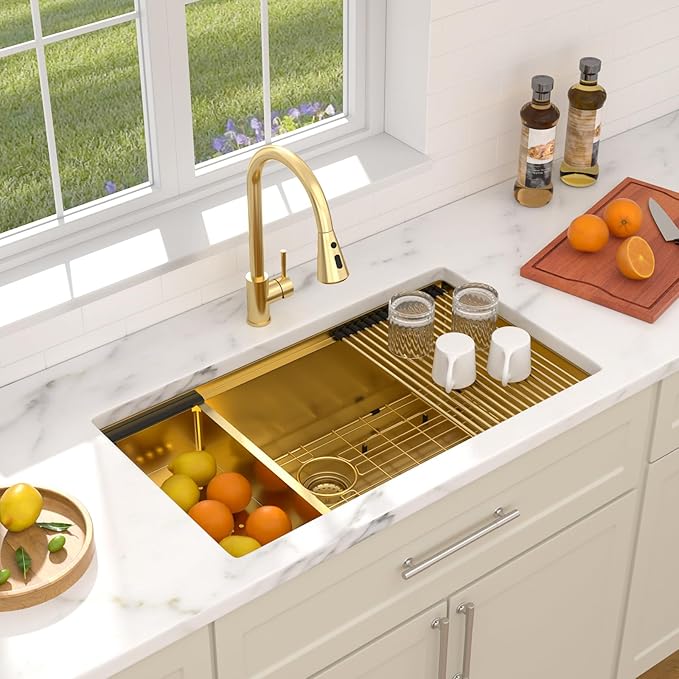 Dcolora 33 In. Gold Undermount Kitchen Sink, Workstation with Valued Accessories, Heavy Duty 16 Gauge 304 Stainless Steel Luxury Gold Nano-PVD, 33"x19"x10" Large Single Bowl #DC-U2533006GW