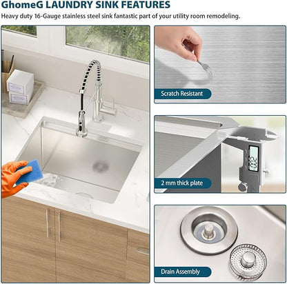 21 Laundry Sink Undermount - 21x19x12 Inch Laundry Utility Sink 12 Inch Extra Deep Single Bowl 16 Gauge Stainless Steel Kitchen Sinks Utility Room Sinks Workstation Basin