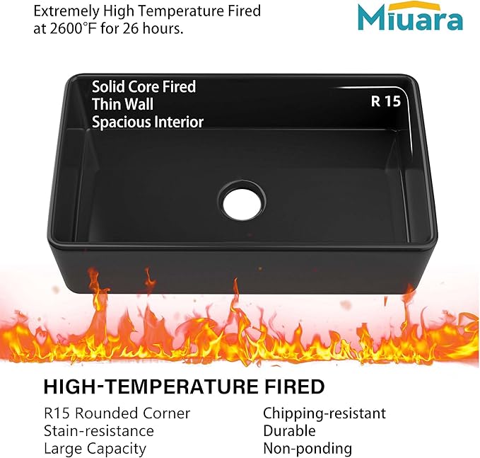 Miuara Black Farmhouse Sink 33 Inch - Large Apron Front Kitchen Sink Single Bowl 33"x18"x10", Undermount Installation, Farm House Style, Heavy Duty Solid Fireclay, Matte Black, for Kitchen