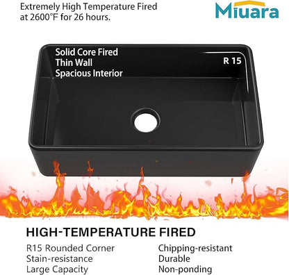 Miuara Black Farmhouse Sink 33 Inch - Large Apron Front Kitchen Sink Single Bowl 33"x18"x10", Undermount Installation, Farm House Style, Heavy Duty Solid Fireclay, Matte Black, for Kitchen