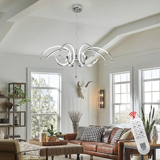 33 Inch Chrome Crystal Chandelier 8-Light, Modern Silver Chandelier with Adjustable Height, Dimmable LED Chandelier, K9 Crystal Lighting Fixture for Dining Room Living Room Foyer