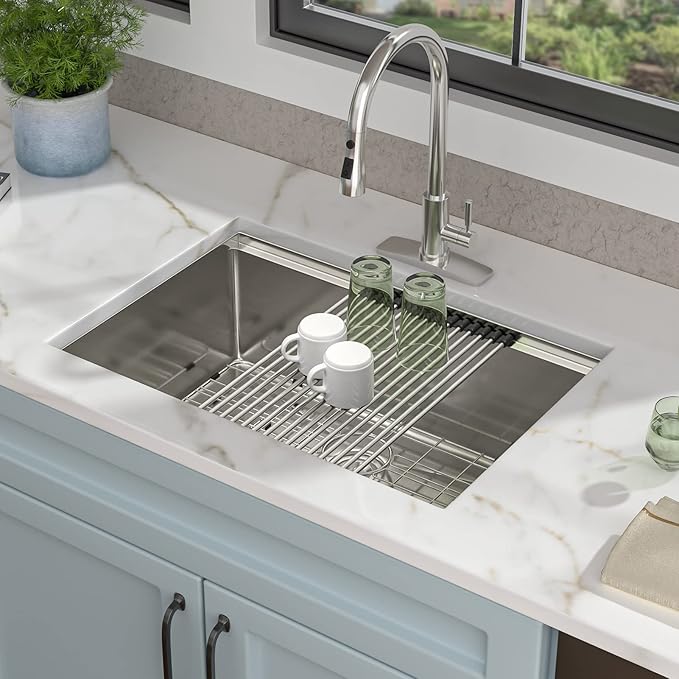 30"x18" Undermount Kitchen Sink - 16 Gauge 304 Stainless Steel, Ledge Workstation Under Counter Round Corners Single Bowl Sink Basin