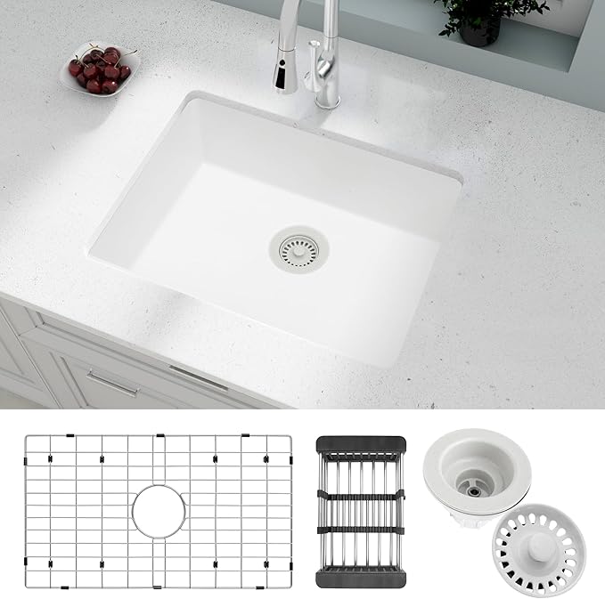 White Kithcen Sink, 23 Inch Undermount Kitchens Sinks, 23"x 18"x 8" Small Bar Sinks, 23 x18 Granite Composite Quartz Stone Kitchen Sink With Accessories