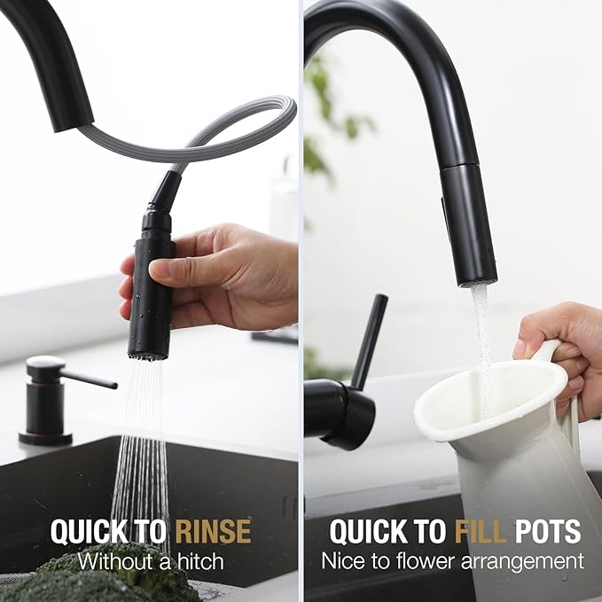 Lava Odoro Matte Black Kitchen Faucet with Pull Down Sprayer, Modern Kitchen Sink Faucet Single Hole Black Faucet for Kitchen Sink with 2-Function Spray Head, Deck Plate Included, KF1120-MB