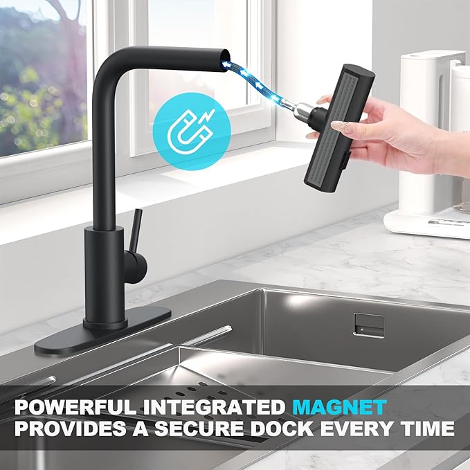 AVSIILE Matte Black Waterfall Kitchen Faucets with Pull Down Sprayer & Soap Dispenser, Single Hole & Handle, Pull Out Tap, Stainless Steel Sink Faucet, Suitable for Farmhouse Camper Laundry Rv Bar