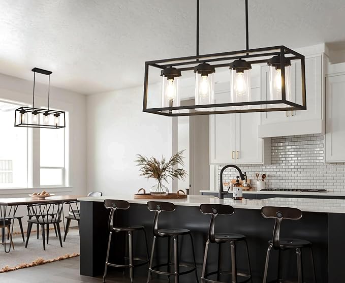 Black Dining Room Light Fixtures, Farmhouse Chandeliers for Dining Room Rustic Kitchen Island Light Fixtures Vintage Antique Linear Adjustable Hanging Pendant Light with Clear Glass Shade