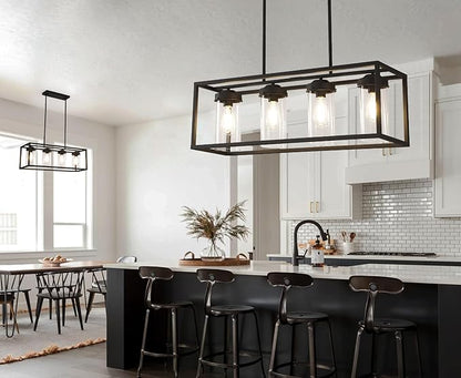 Black Dining Room Light Fixtures, Farmhouse Chandeliers for Dining Room Rustic Kitchen Island Light Fixtures Vintage Antique Linear Adjustable Hanging Pendant Light with Clear Glass Shade