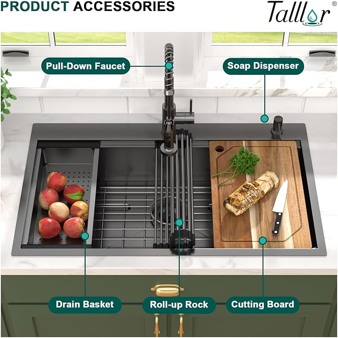36 Inch Drop In Kitchen Sink with Faucet Combo - 36x22 Workstation All-In One Drop In Gunmetal Black NANO-PVD 16 Gauge Stainless Steel Kitchen Sink Topmount Single Bowl Large Sinks #TLT-0025