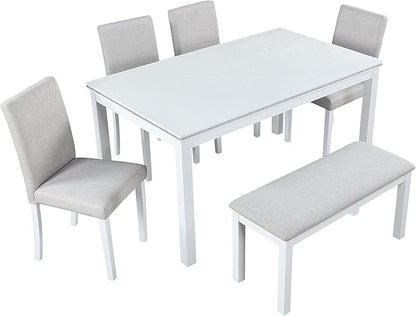 6 Piece Dining Table Set for 6, Rectangular Wooden Table with 4 Upholstered Chairs and 1 Bench, Elegant White Dining Room Set with Crystal Decoration