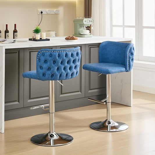 Furniture,Swivel Adjusatble Seat Height with Chrome Base, Modern PU Upholstered Bar Stools with The Whole Back Tufted, for Home Pub and Kitchen Island,Blue, Set of 2