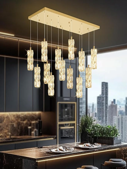 ykolupty Modern Rectangle Chandelier 16-Lights Crystal Chandeliers LED Dimmable Gold Linear Chandelier Flush Mount Crystal Pendant Light for Living Room Dining Room Foyer