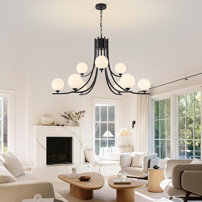 Black Farmhouse Chandelier Modern Sputnik Chandelier for Dining Room Mid Century Chandelier Dining Room Light Fixtures with Withe Glass Globe Shades for Foyer Living Room Kitchen Island