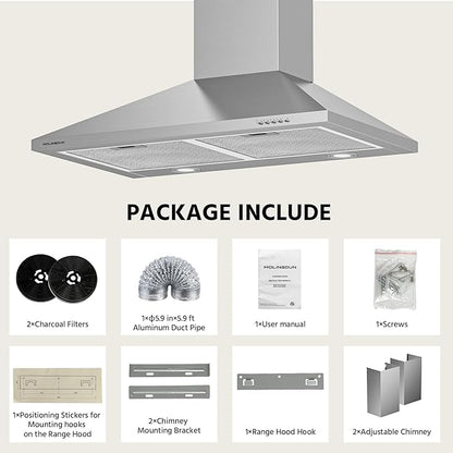 Range Hood 30 inch, 450 CFM Wall Mount Kitchen Hood in Stainless Steel with LED Lighting, 3 Speed Exhaust Fan, Ducted/Ductless Convertible (Charcoal Filters Included)