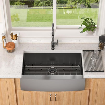 Lordear Gunmetal Black Farmhouse Sink Stainless Steel Farm 33 inch16 Gauge Apron Front Deep Single Bowl Stainless Steel Kitchen Farm Farmer Style Sinks