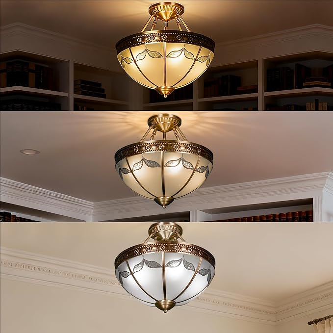 16" Vintage Pendant Light Fixture, 4-Light Semi Flush Mount Ceiling Light, Classic Handmade Glass Ceiling Light Fixture for Foyer Entryway Stairway