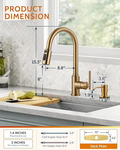 WOWOW Kitchen Faucets with Pull Down Sprayer, Gold Kitchen Faucet with Sprayer, 304 Stainless Steel High Arc Single Handle Pull Down Kitchen Faucet for Kitchen Sink Faucet with Soap Dispenser