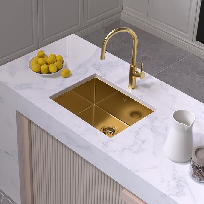 Gold Kitchen Sink 23x18 Inch Undermount Kitchen Sink 16 Gauge Stainless Steel Single Bowl with Accessories Round Corners Handmade